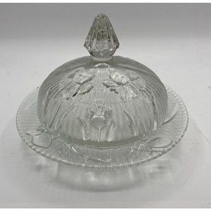 Vintage Jeanette Depression Glass Iris & Herringbone Round Covered Butter Dish